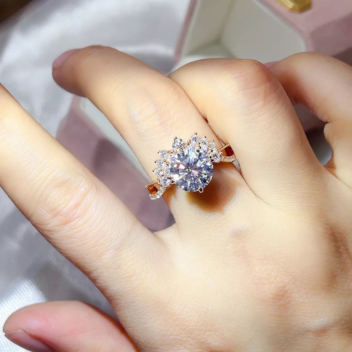 3 carat moissanite ring in sterling silver showcased on a hand with elegant ring design.