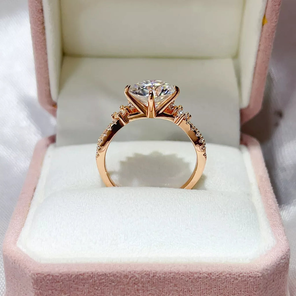 3 carat moissanite ring in sterling silver displayed in a jewelry box, showcasing its brilliance and elegant design