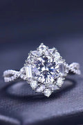 Floral 2 Carat Moissanite Crisscross Engagement Ring featuring a dazzling flower-inspired design with brilliant sparkle.