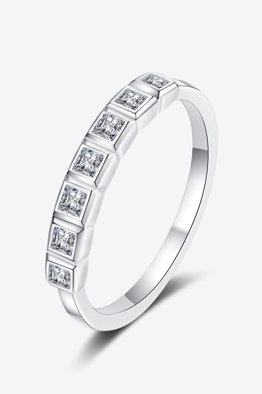 Moissanite Rhodium-Plated Half-Eternity Ring featuring square-shaped stones and a minimalist design.